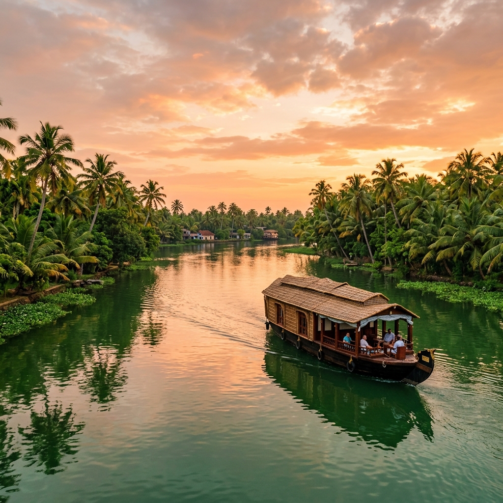 Scenic Kerala backwaters with traditional boats